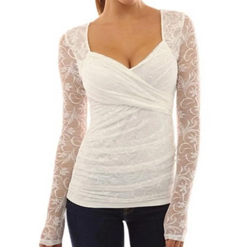 Casual Slim Tee Tops Women Elegant Long Sleeve V Neck Lace White Blouses Ladies Plus Size Solid Shirts-- Mesh Canvas Denim Casual Slim Tee Tops Women Elegant Long Sleeve V Neck Lace White Blouses Ladies Plus Size Solid Shirts-- Mesh Canvas Denim