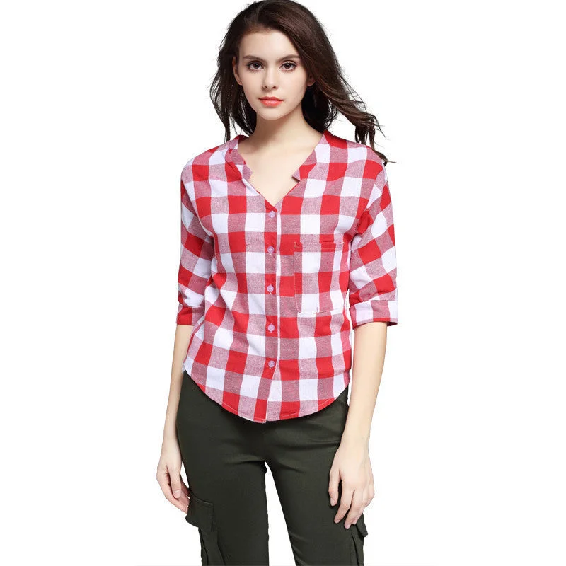 Red Plaid Women Shirts Elegant Big Square Patchwork Deep V Neck Long Women Shirts For day Plus Size-- Spandex Blend Rayon Blend Denim Blend Red Plaid Women Shirts Elegant Big Square Patchwork Deep V Neck Long Women Shirts For day Plus Size-- Spandex Blend Rayon Blend Denim Blend