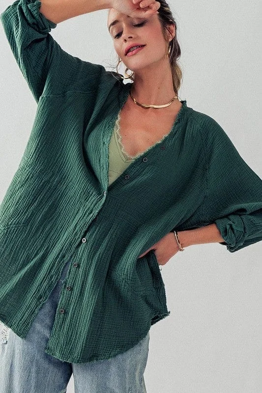 Fashion Week Frayed Hem Vintage Gauze Shirt-- Silk Blend Satin Velvet