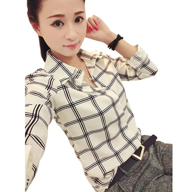 Ladies Style Plaids & Checks Shirt Long Sleeve Button Turn-down Collar Top Blouse-- Polka Dot Checkered Tartan Ladies Style Plaids & Checks Shirt Long Sleeve Button Turn-down Collar Top Blouse-- Polka Dot Checkered Tartan