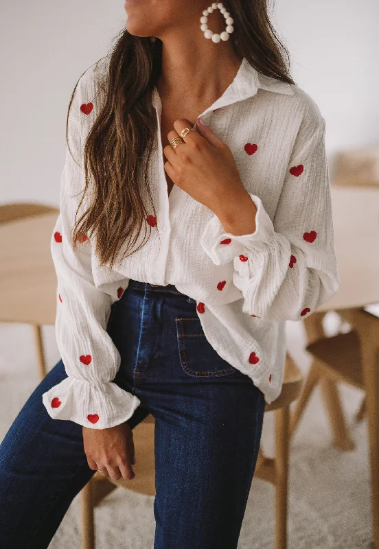 White Vicky Shirt with Red Hearts-- Oversized T-Shirt Spandex breathable