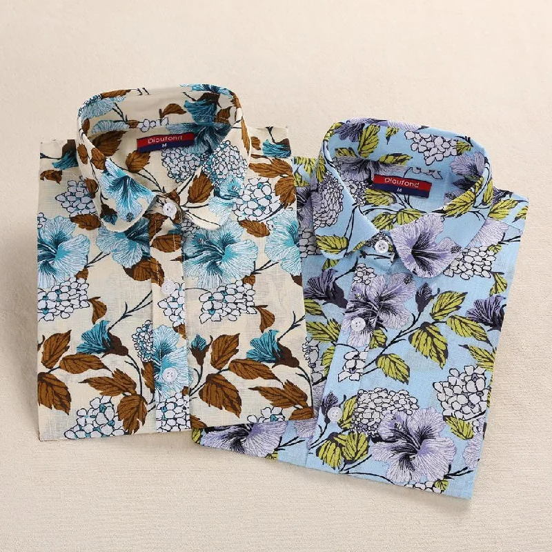 Vintage Shirts Women Blouses Floral Print Tops Female Long Sleeve Ladies Cotton Linen Shirt Plus Size Clothes For Women-- Graphic Embroidered Appliqued