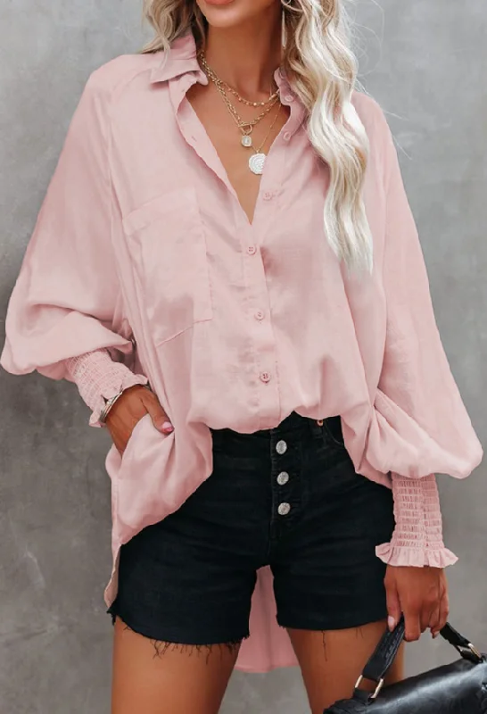 Pink Shirred Cuffs Sleeves Pocketed Shirt-- Print Jacquard Patchwork