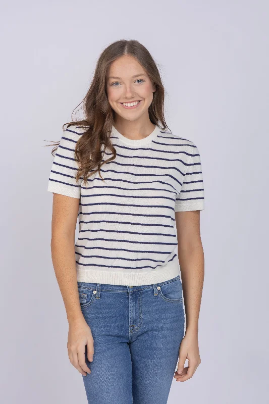 White + Warren Cotton Hemp Gauze Striped T-Shirt in White/Deep Wave-- Mesh Canvas Denim