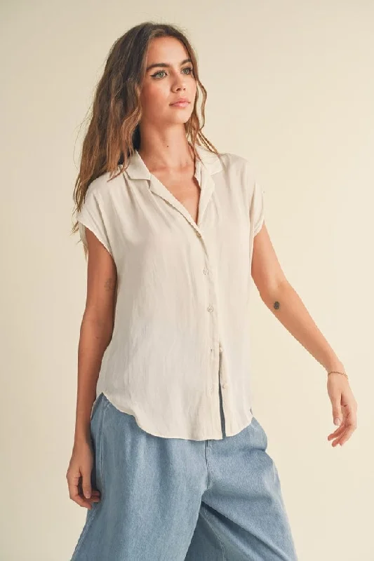 Miou Muse Button Down Cap Sleeve Shirt in Cream-- Mesh Blend Leather Blend Suede Blend Miou Muse Button Down Cap Sleeve Shirt in Cream-- Mesh Blend Leather Blend Suede Blend
