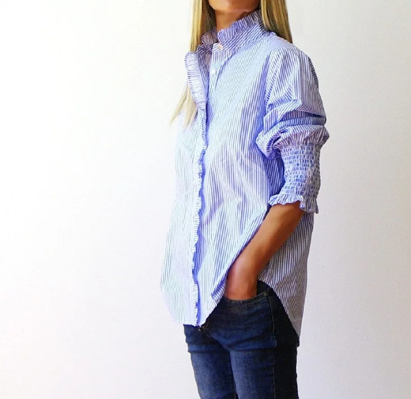 Who's Charlie Poppy Digital Print Ladies Cotton Shirt in Azure & White Stripe-- Layered Multi-layer Single Layer