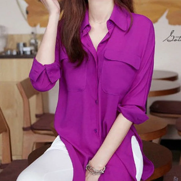 Vogue Women Long Sleeve Chiffon Shirt Turn-down Collar Solid Loose Top Blouse-- Anti-Shrink Durable Soft Vogue Women Long Sleeve Chiffon Shirt Turn-down Collar Solid Loose Top Blouse-- Anti-Shrink Durable Soft