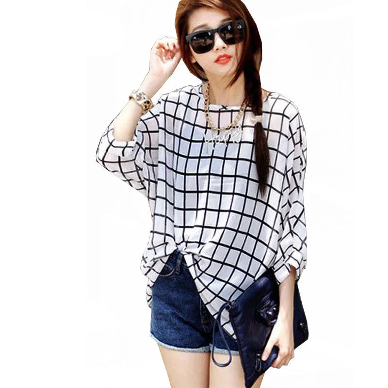 Chiffon Shirts 6XL Plus Size Women Clothing Novelty Plaid Print Blouses Batwing Sleeve Women's Casual Tops-- Zippered Front Buttoned Front Snap Front Chiffon Shirts 6XL Plus Size Women Clothing Novelty Plaid Print Blouses Batwing Sleeve Women's Casual Tops-- Zippered Front Buttoned Front Snap Front