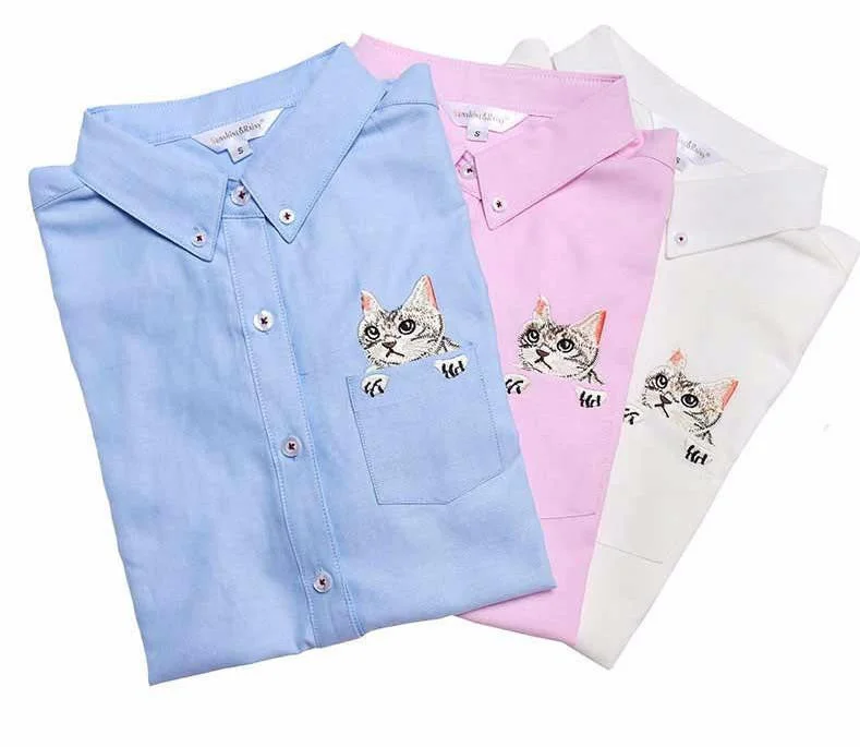 Women Blouse Cats Embroidery Long Sleeve Work Shirts Women office Tops White shirts for business-- Notch Collar Peter Pan Collar Cowl Neck Women Blouse Cats Embroidery Long Sleeve Work Shirts Women office Tops White shirts for business-- Notch Collar Peter Pan Collar Cowl Neck
