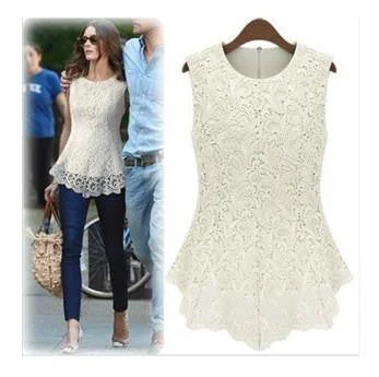 Women White Lace Blouses Crochet Lace Tops Women Sleeveless Chiffon Shirts AWT0002-- Anti-Shrink Durable Soft