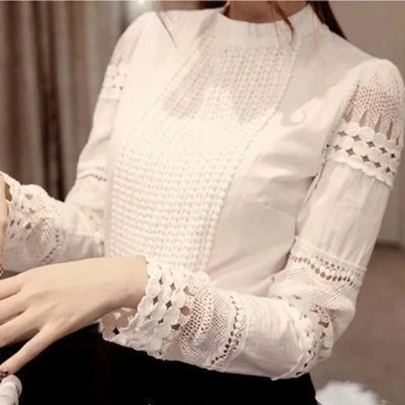 Women Blouse Pattern O Neck Long-sleeve Slim Hollow Elegant Lace Shirts White For Female-- Cashmere Blend Cotton Blend Poly Blend