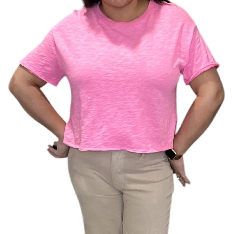 Raw Edge Cropped Tee Shirt In Pink-- V-Neck T-Shirt Long Sleeve Cotton