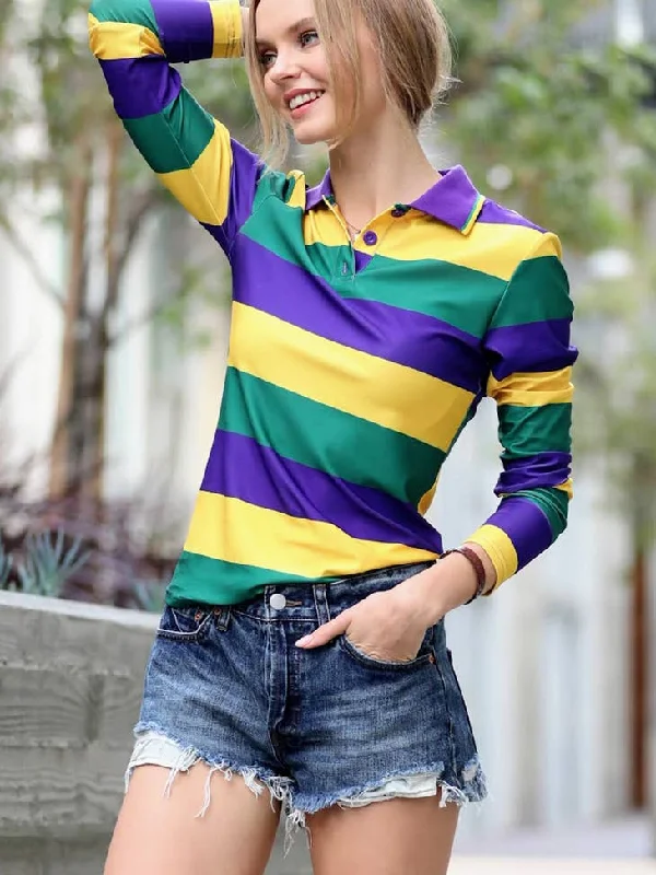 42POPS Mardi Gras Striped Long Sleeve Polo T-Shirt-- Machine Wash Dry Clean Hand Wash 42POPS Mardi Gras Striped Long Sleeve Polo T-Shirt-- Machine Wash Dry Clean Hand Wash