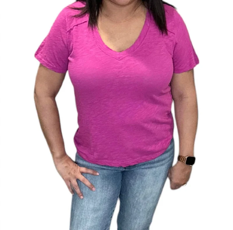 Shoulder Seam V Neck Tee Shirt In Petunia-- Chenille Fabric Brocade Fabric Lace Fabric