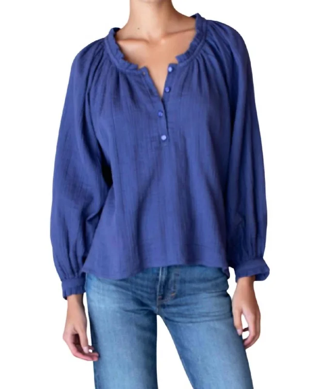 Soft Shirt In Blue Indigo-- Solid Print Embellished