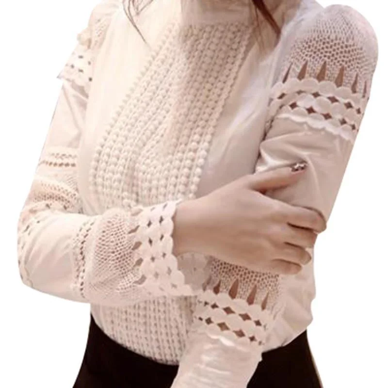 Women Chiffon Blouse Shirt Elegant Women Office Blouses Plus Size Hollow Out Lace Work Wear QAF176C-- Iron Safe Non-Iron Wrinkle Free
