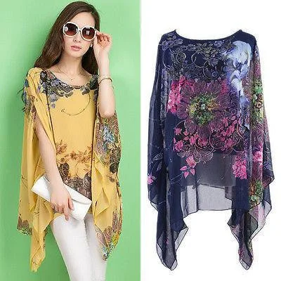 Women Batwing Sleeve Loose Chiffon Floral Print shirt Blouse Tops-- Real Fur Shearling Chenille