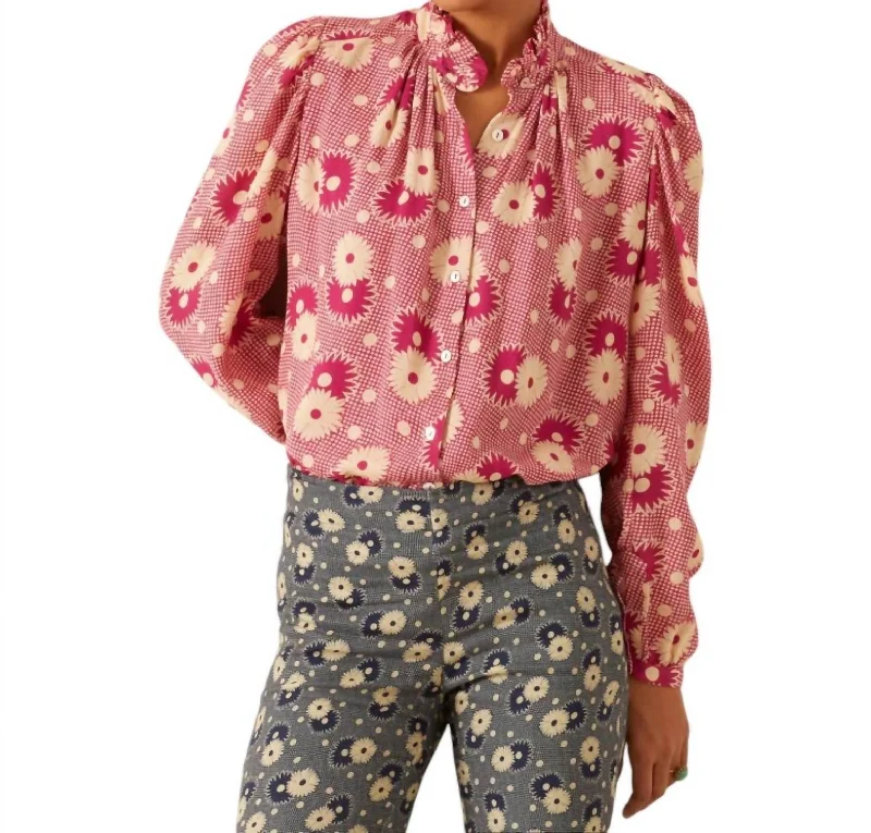 Annabel Shirt In Berry Daisy-- Polka Dot Checkered Tartan