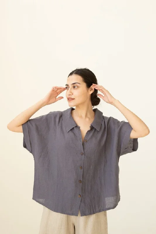 Vikolino Linen Short Sleeve Shirt Naomi-- Asymmetrical Pockets Print