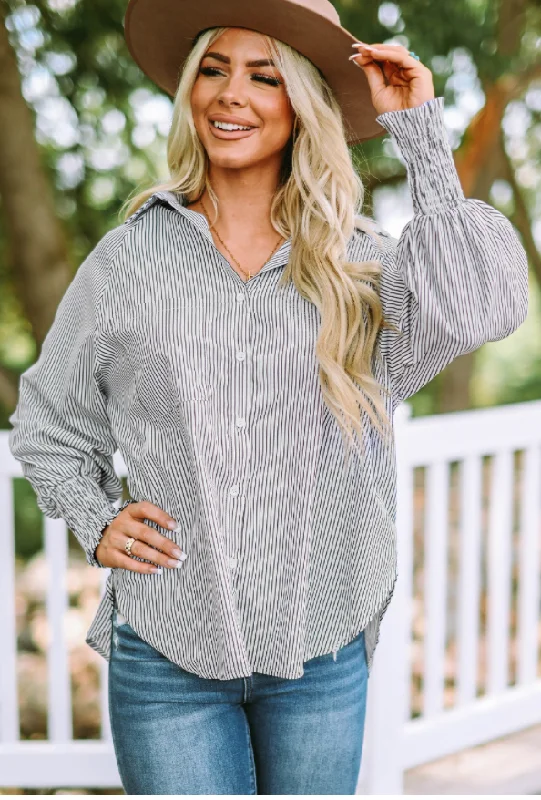 Black Striped Casual Shirred Cuffs Shirt-- Lace Blend Ribbed Blend Corduroy Blend