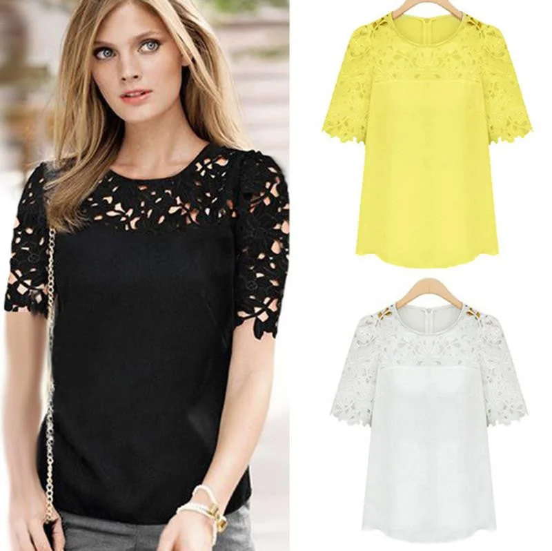 Women Clothing Lace Shirt Round Neck Short Sleeve Chiffon Blouse Female Tops Shirt-- Ribbed T-Shirt High Neck Heavyweight