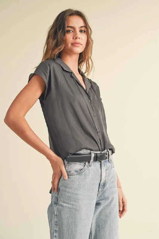 Miou Muse Button Down Cap Sleeve Shirt in Charcoal-- Polka Dot Checkered Tartan