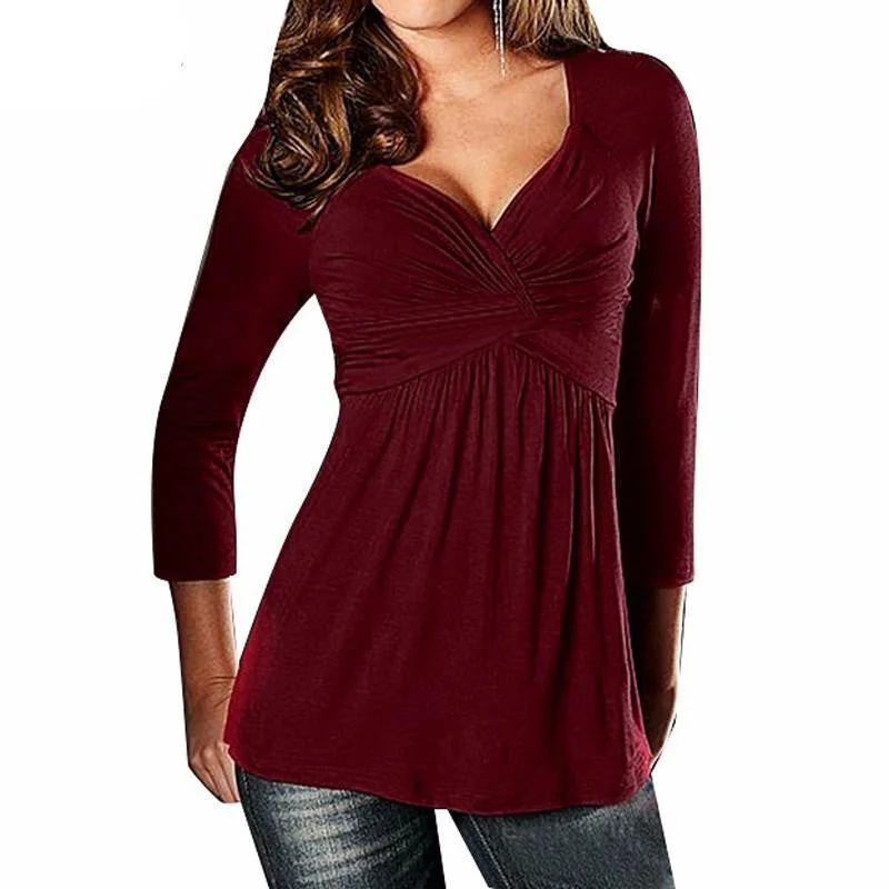 Women V Neck Long Sleeve Solid Shirts Elegant Fold Casual Slim Fitted Blouses Plus Size Tee Tops-- Terry Blend Velvet Blend Canvas Blend