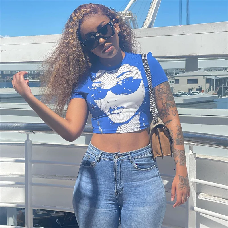 Summer Women'S Fashion Graphic Print Round Neck Slim Fit Cropped Short-Sleeved T-Shirt Top-- Elegant Classic Vintage Summer Women'S Fashion Graphic Print Round Neck Slim Fit Cropped Short-Sleeved T-Shirt Top-- Elegant Classic Vintage