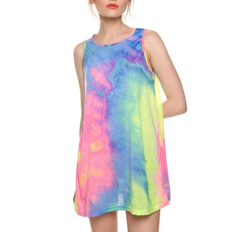 S-6XL Women Summer Dress Sleeveless Colorful Rainbow O-neck Casual Mini Nightclub T-shirt Dress Sundress Plus Size Vestidos-- Striped Floral Plaid