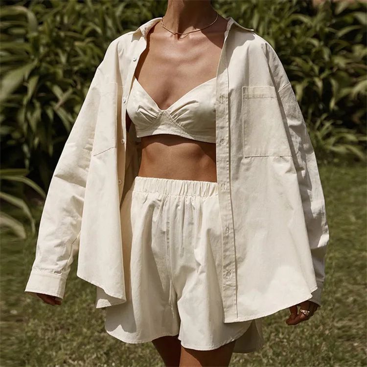 Summer Three-Piece Stripe Single-Breasted Long-Sleeved Lapel Shirt Shorts Fashion Casual Office Set-- Faux Fur Fabric Real Fur Fabric Shearling Fabric Summer Three-Piece Stripe Single-Breasted Long-Sleeved Lapel Shirt Shorts Fashion Casual Office Set-- Faux Fur Fabric Real Fur Fabric Shearling Fabric
