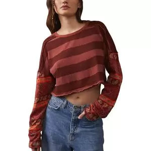Free People Jamie Long-Sleeve Crop T-Shirt-- Graphic T-Shirt Round Neck Polyester