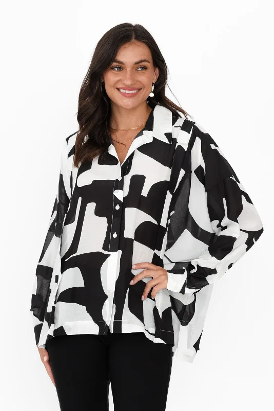 Arona Black Abstract Cotton Silk Shirt-- Wool Fabric Cashmere Fabric Tweed Fabric
