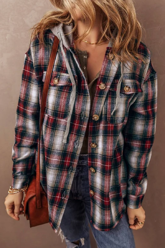 Plaid Hooded Drawstring Shirt In Red-- Denim Fabric Leather Fabric Suede Fabric