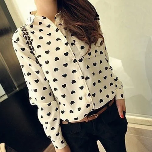 Women Casual Clothing Slim Love Heart Print Long Sleeve Shirt Top Blouse-- Collared T-Shirt Boat Neck A-Line