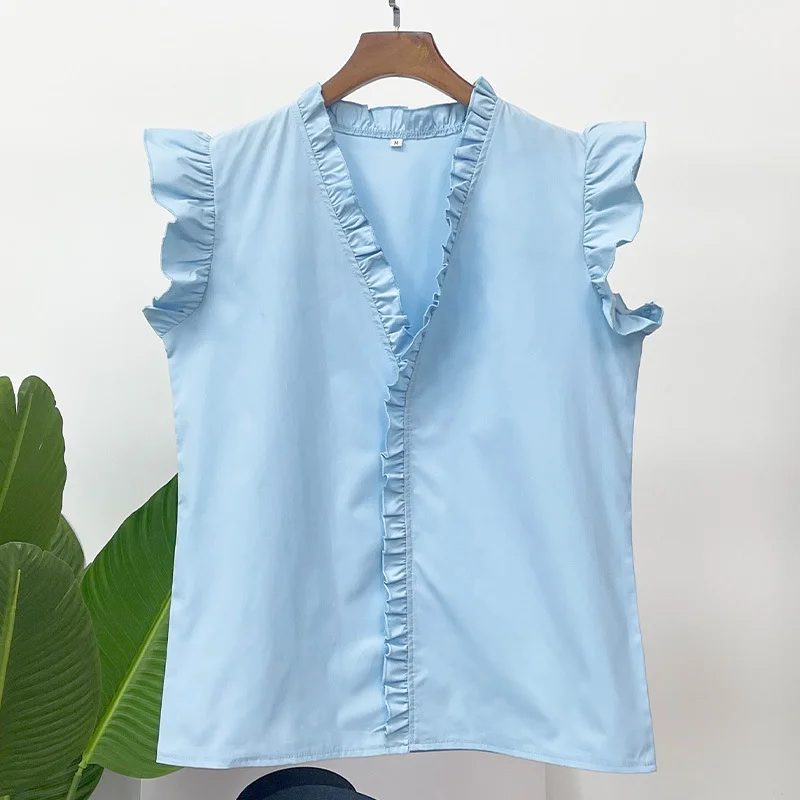 Summer Casual Women Short-Sleeved Solid Color V-Neck Ruffled Shirt Blouse-- Chenille Blend Fleece Blend Nylon Blend Summer Casual Women Short-Sleeved Solid Color V-Neck Ruffled Shirt Blouse-- Chenille Blend Fleece Blend Nylon Blend