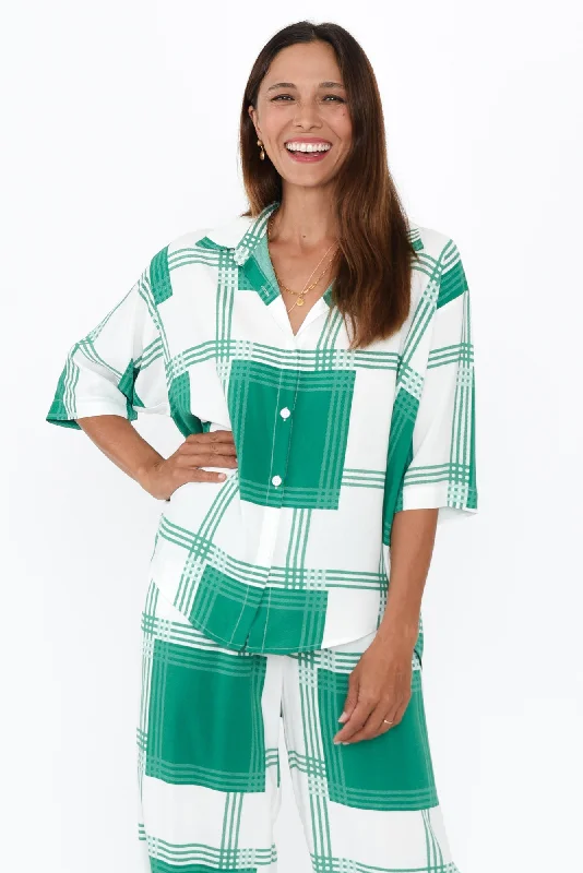 Lexie Green Check Shirt-- Notch Collar Peter Pan Collar Cowl Neck
