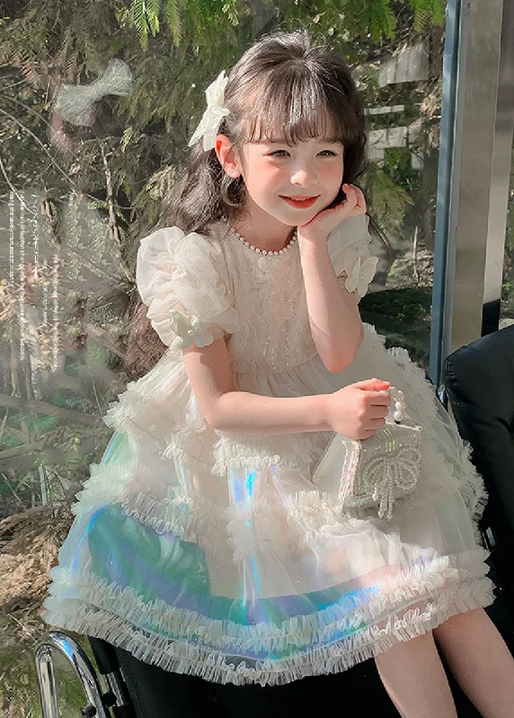 Gradient Color White Ruffled Patchwork Nail Bead Tulle Kids Long Dress Short Sleeve XZ044 Tunics Gym athletic