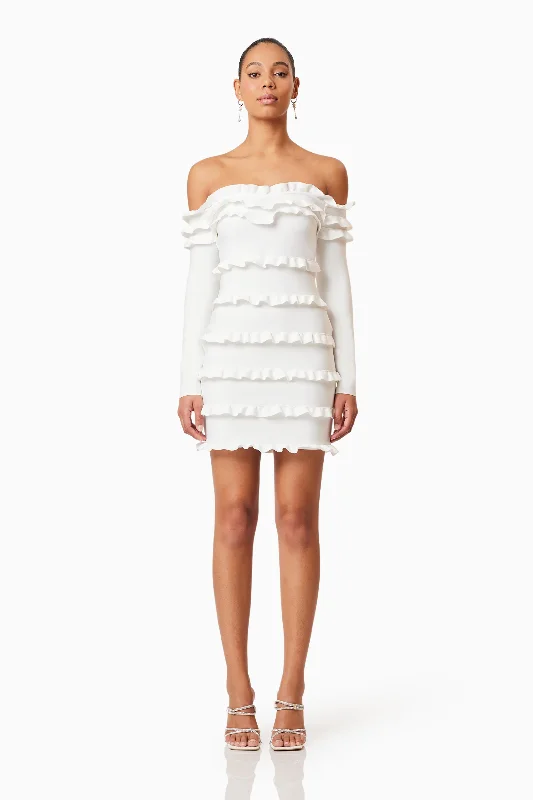 Kimberly Long Sleeve Frilled Mini Dress in White Casual Button-Up Mini Dress