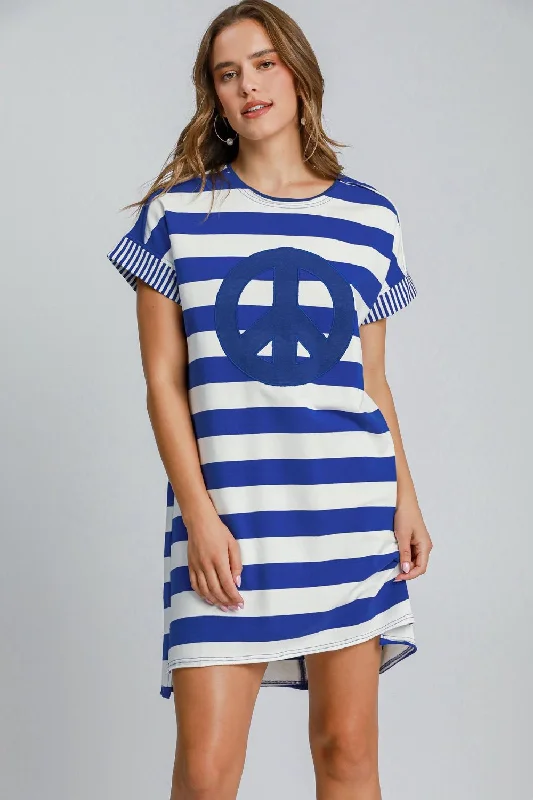 Umgee Peace Applique Striped Short Sleeve Mini Dress Trendy Bodycon Mini Dress