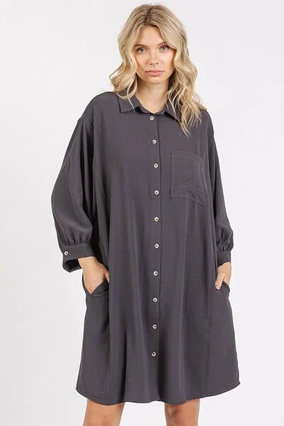 Mittoshop Airflow 3/4 Sleeve Buttoned Shirt Mini Dress Cozy Knitted Mini Dress
