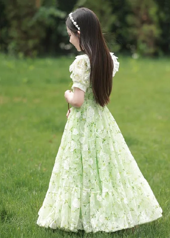 2024 New Green Peter Pan Collar Print Tie Waist Chiffon Girls Maxi Dress Short Sleeve XZ006 Tunics Chic fashionable 2024 New Green Peter Pan Collar Print Tie Waist Chiffon Girls Maxi Dress Short Sleeve XZ006 Tunics Chic fashionable