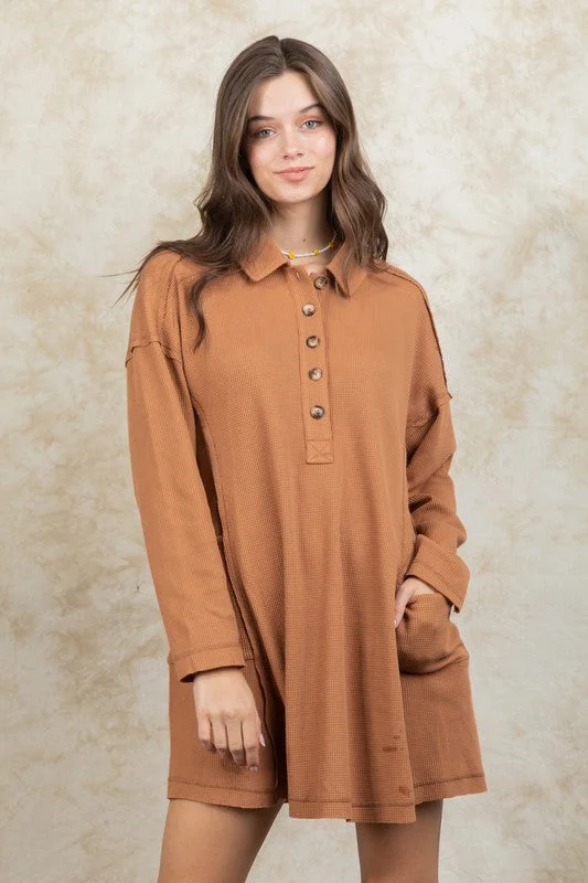 PLUS SIZE Casual Shirt Collared Henley Mini dress Cozy Cowl Neck Mini Dress