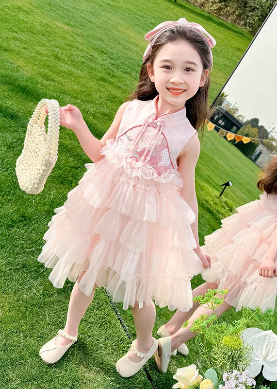 Chinese Style Pink Stand Collar Ruffled Patchwork Tassel Tulle Kids Maxi Dress Summer XZ031 Tunics Spring floral