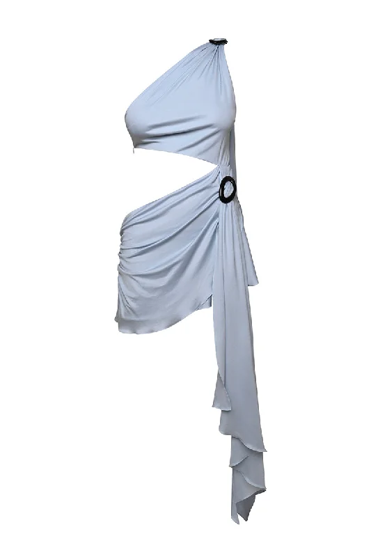 GRECIAN CUTOUT MINI DRESS IN PEARL BLUE Trendy Mesh Mini Dress