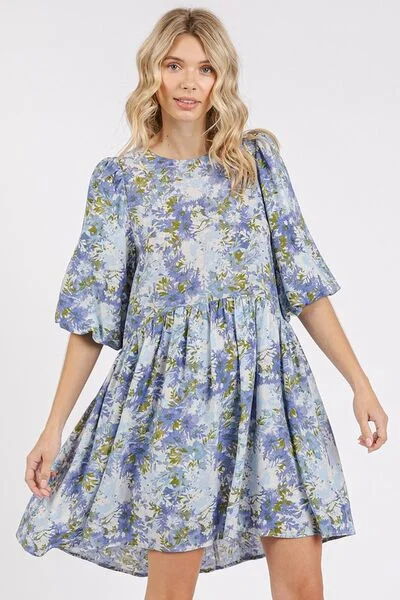 Mittoshop Flower Print Linen Blend Babydoll Mini Dress Comfortable Boho Mini Dress