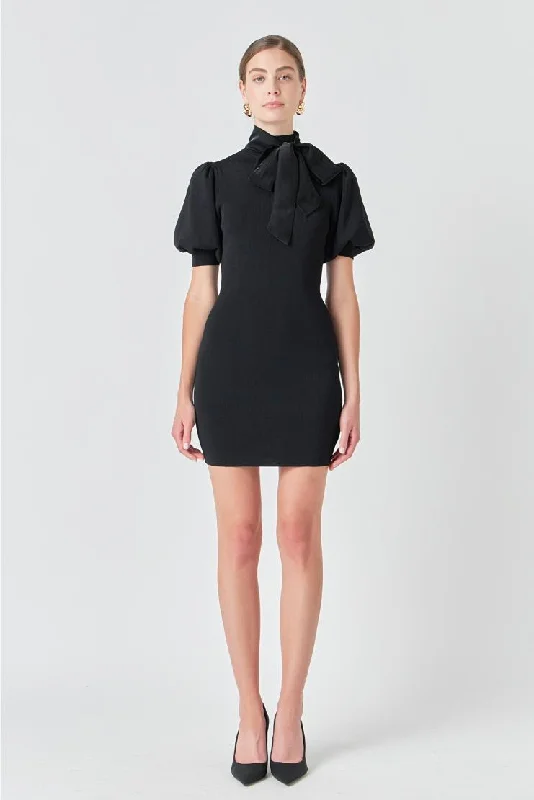 Claire Black Knit Bow Neck Mini Dress Comfortable Polka Dot Mini Dress