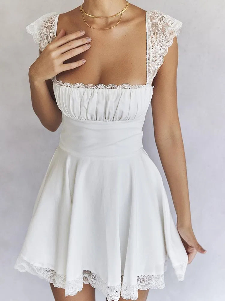 Bonnyshow Summer Elegant White Lace Strap Mini Dress For Women Fashion Sleeveless Backless Loose Sexy Short Dresses Pure Color Fashionable Lace-Trim Mini Dress Bonnyshow Summer Elegant White Lace Strap Mini Dress For Women Fashion Sleeveless Backless Loose Sexy Short Dresses Pure Color Fashionable Lace-Trim Mini Dress