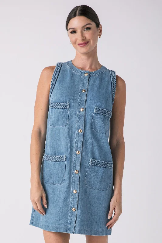 Lalavon Braided Denim Pocket Front Sleeveless Mini Dress Tunics Sale discount