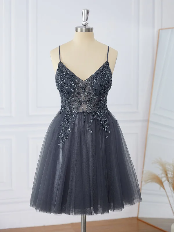 A-line Tulle V-neck Beading Short/Mini Dress Chic Halter Mini Dress