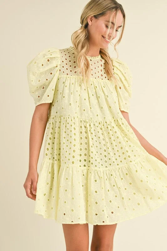 FLORAL EYELET PUFF SLEEVE MINI DRESS Trendy Mesh Mini Dress